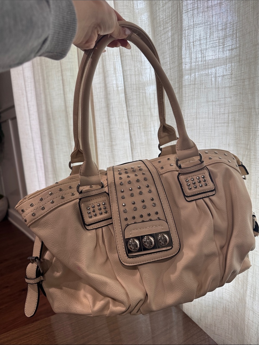 Studded Vegan Leather Satchel Handbag - Blush